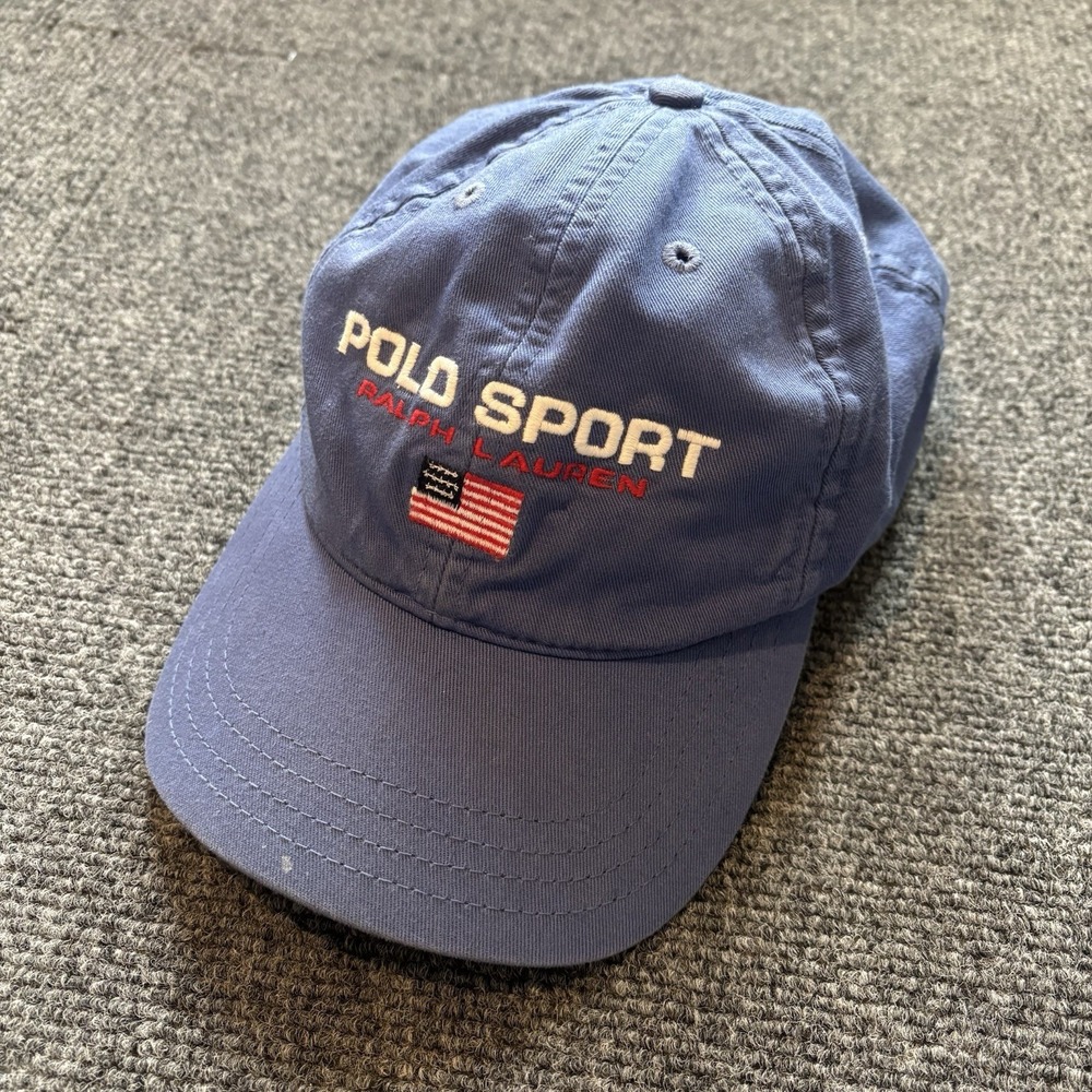 Vintage Polo Sport Ralph Lauren Blue  Spellout Flag Hat Made in USA 90s
